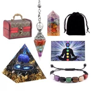 7 Chakra Healing Crystal Set – Natural Stones Bracelet, Hexagonal Column, Pyramid & Pendulum – Reiki Energy, Spiritual Gift, Meditation Kit with Velvet Bag