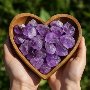 Raw purple amethyst stones displayed in a heart-shaped wooden bowl